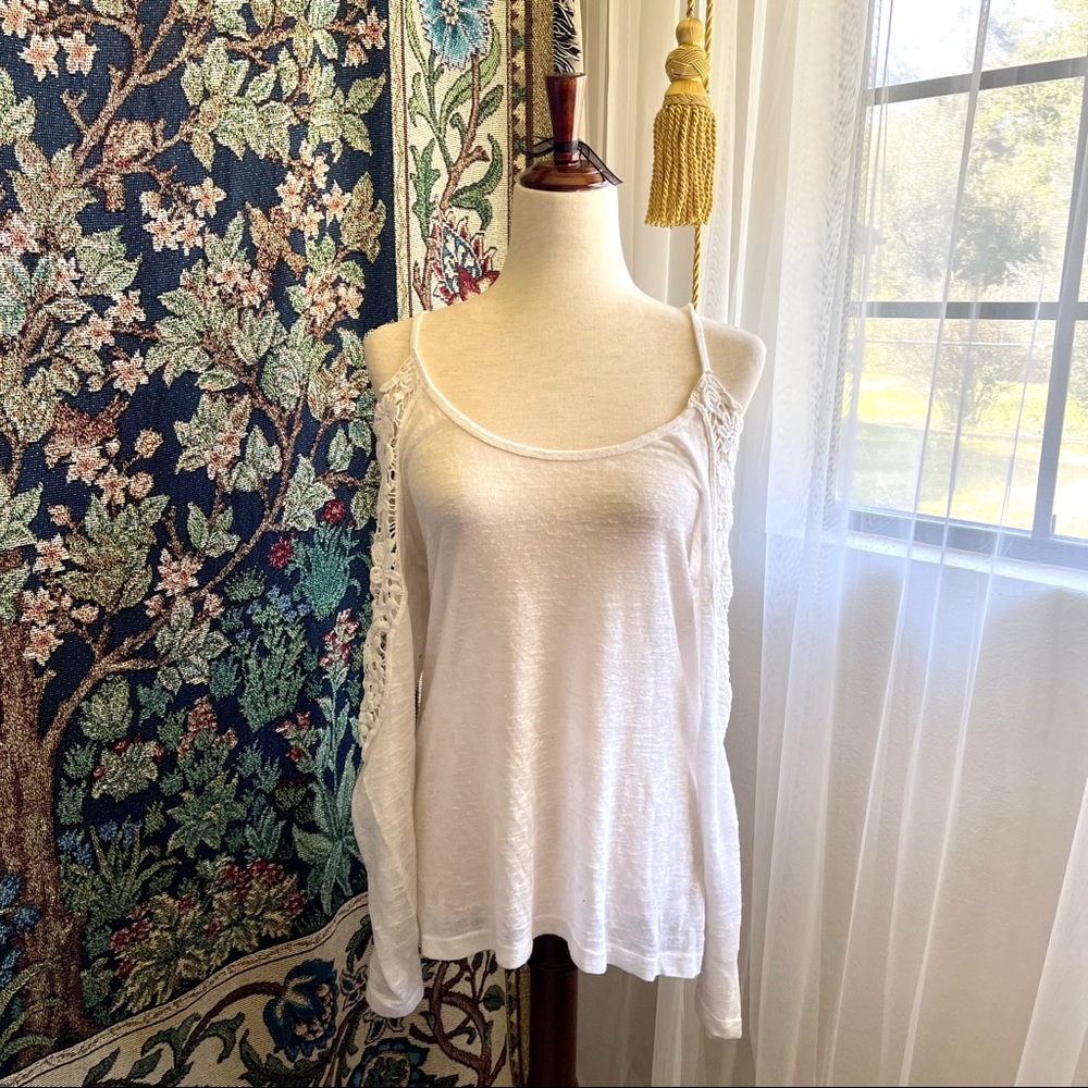 White Crochet Lace Cold Shoulder Long Sleeve Knit Sweater Top